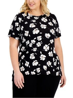 Alfani Black Short Sleeve Tee with White Floral Motif OX